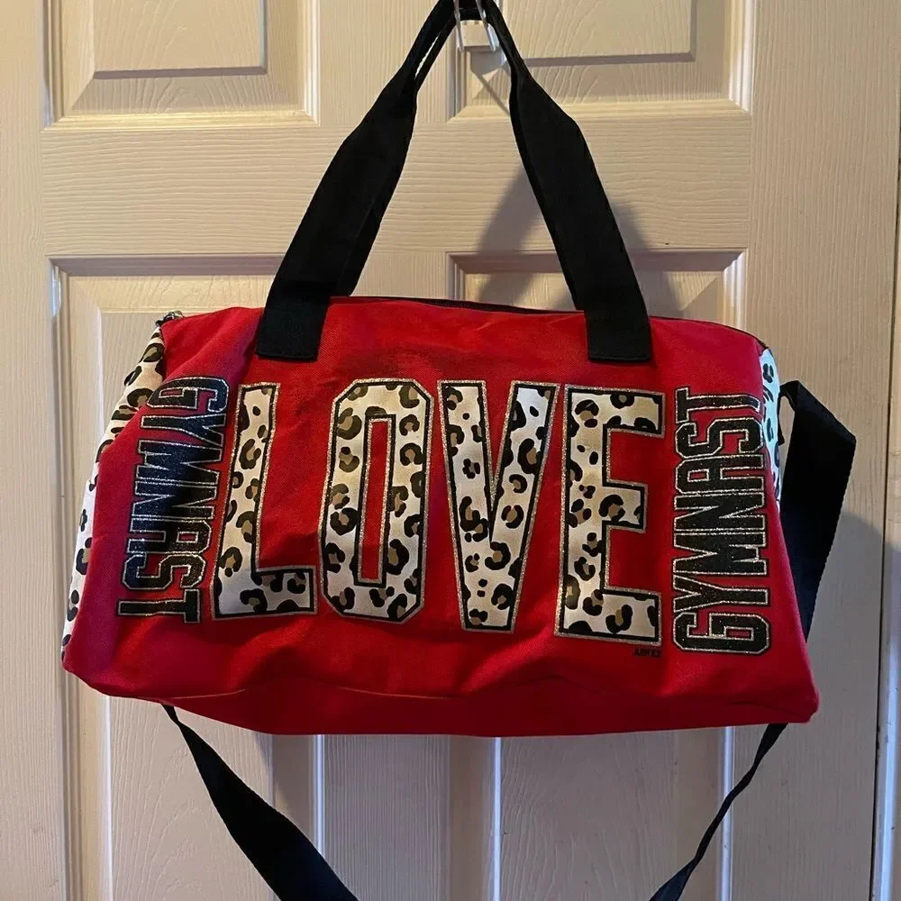 Justice Red and Cheetah print Gymnastics bag gold glitter accents black straps